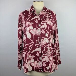 Magaschoni 100% Linen Button Down Shirt Large Floral Print Burgundy M NWT
